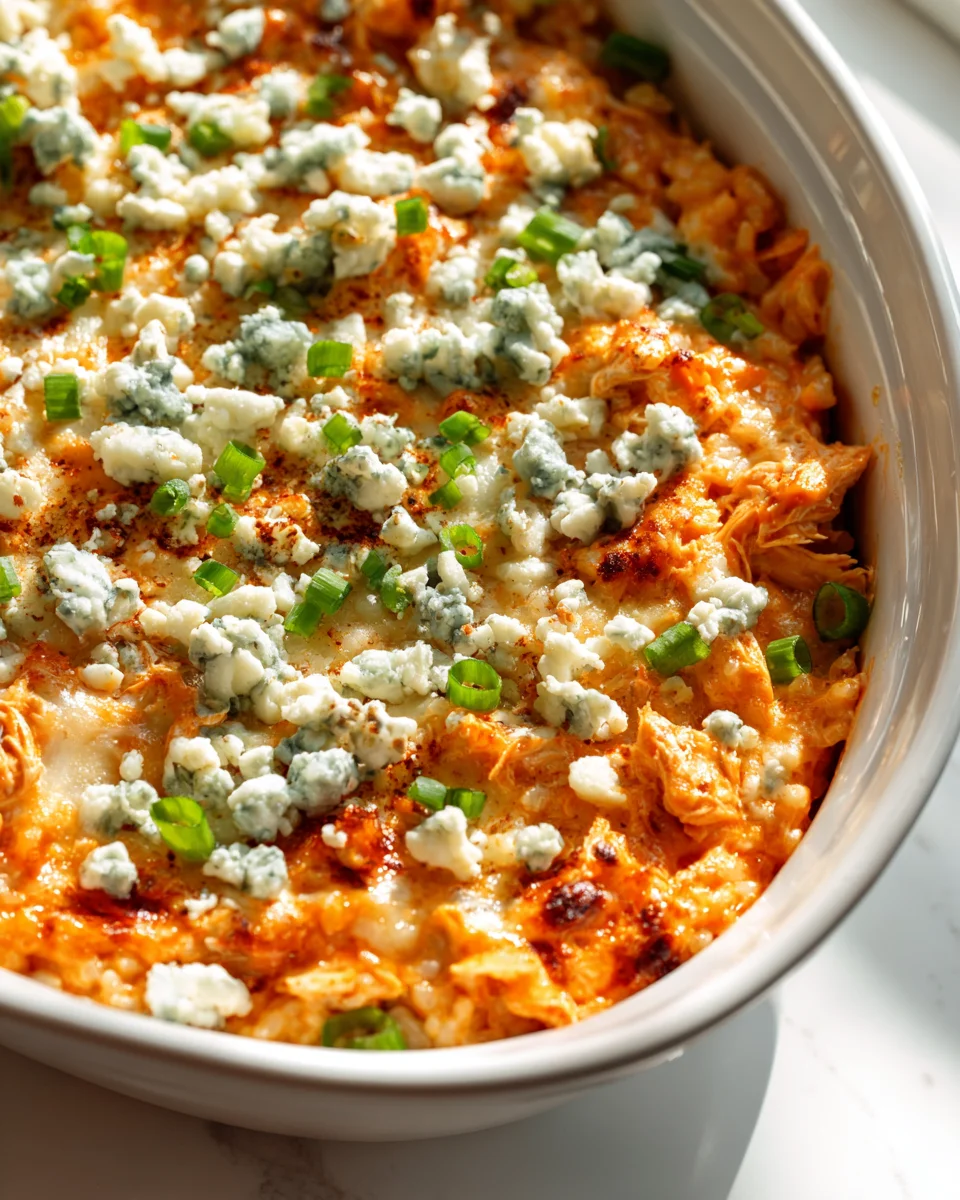 Fiery Buffalo Chicken Rice Bake with Blue Cheese Crumbles